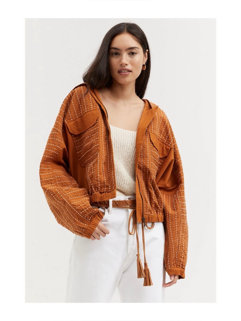 NWT Anthropologie Hooded Contrast Stitch Jacket In Honey Brown   Size Medium